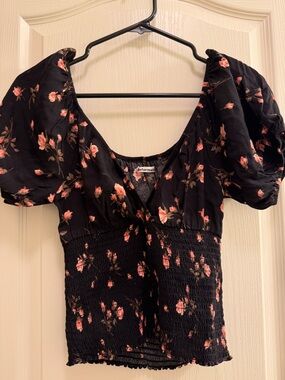 Reformation Black Floral Smocked Puff Sleeve Top